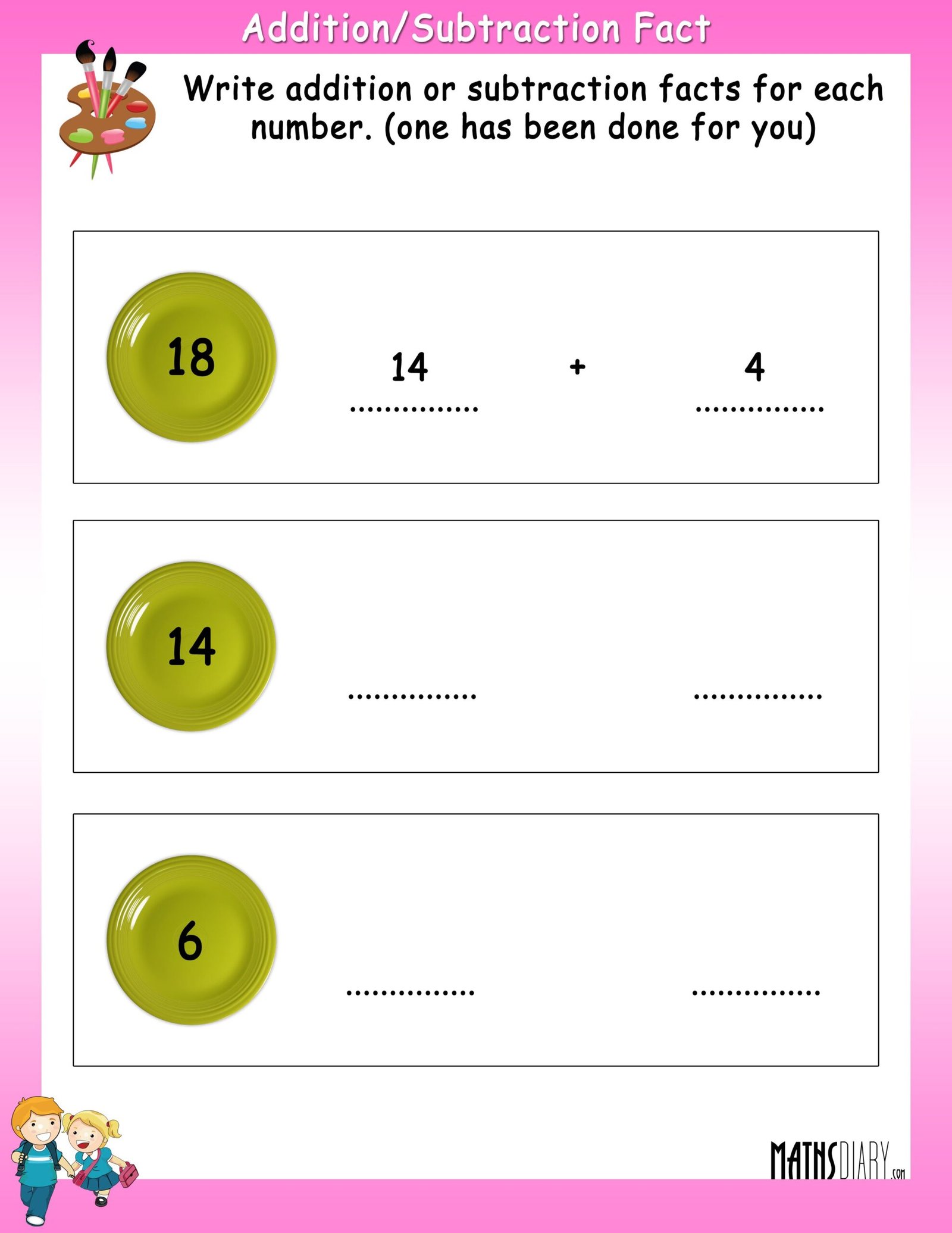 Write Addition or Subtraction fact for each number - Math Worksheets ...