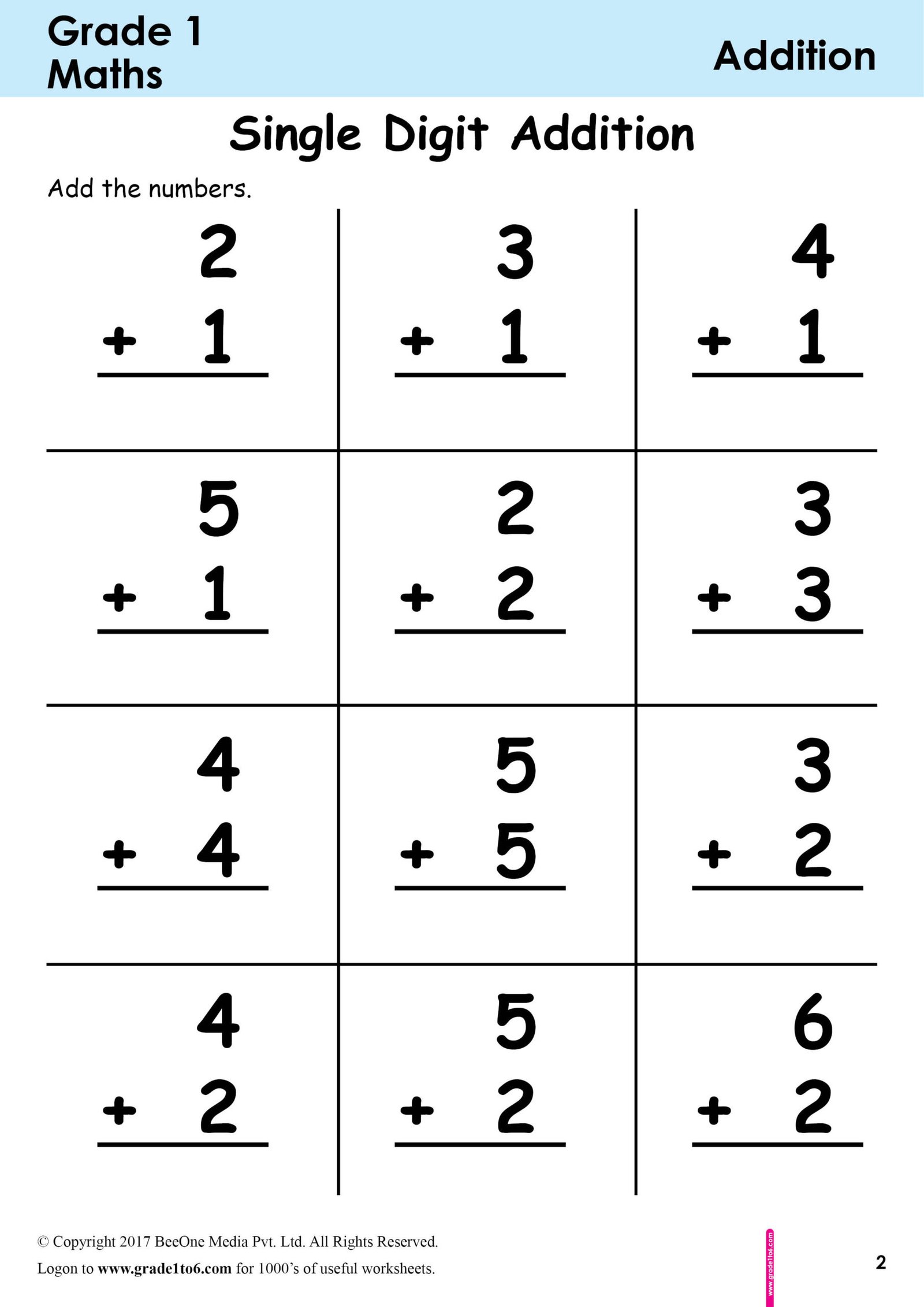 Free Printable Single Digit Addition Worksheets