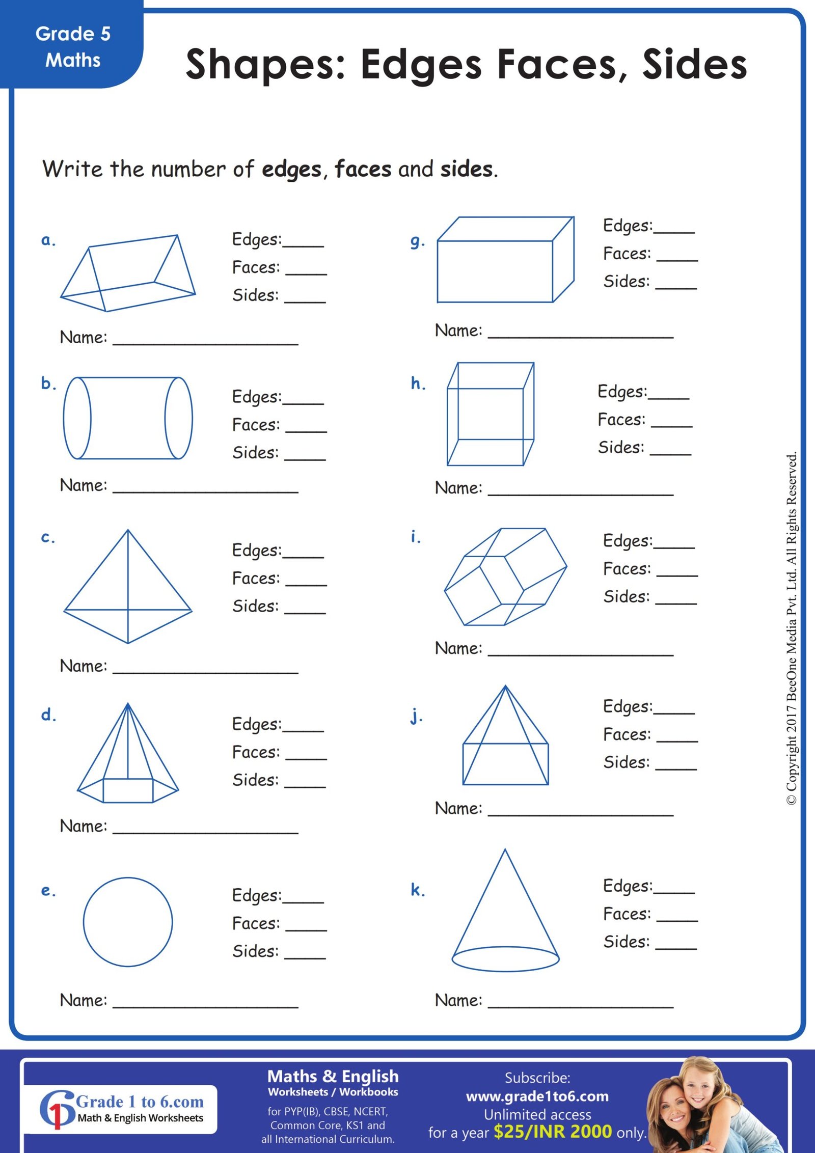 Faces, Edges & Vertices Worksheet | Grade1to6.com