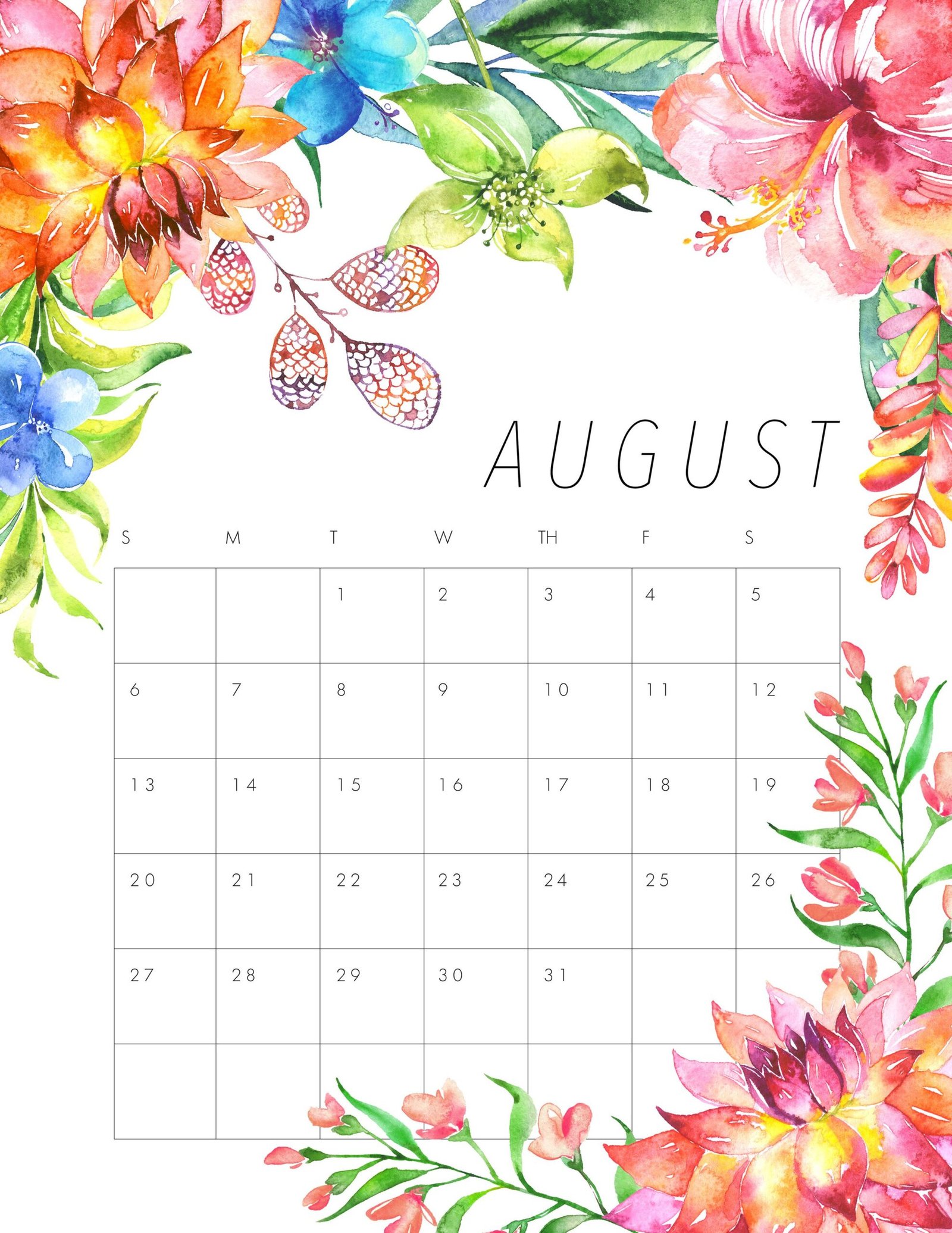 Printable August Calendar