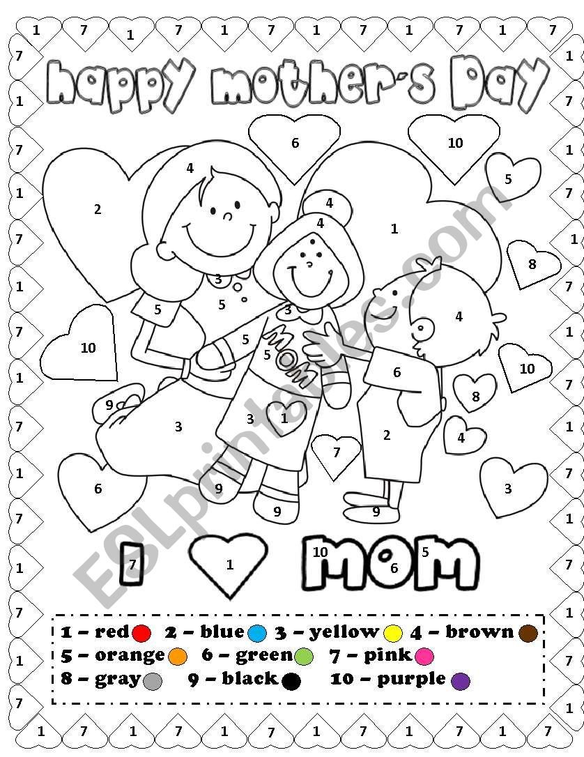 Happy mother´s day coloring by number - ESL worksheet by lupiscasu