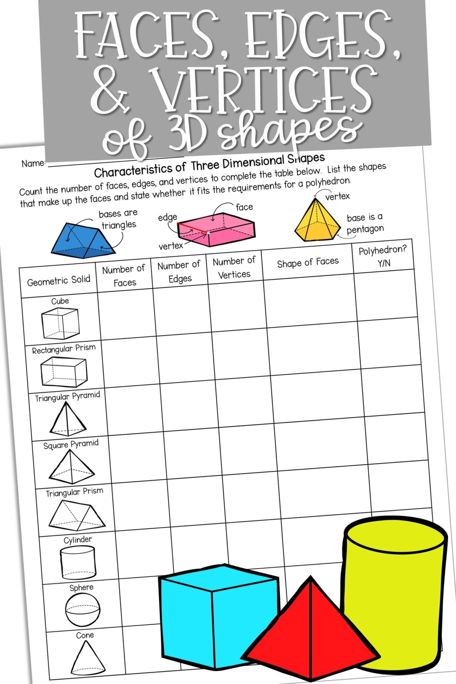 3d Shapes Faces Edges Vertices Worksheets Pdf