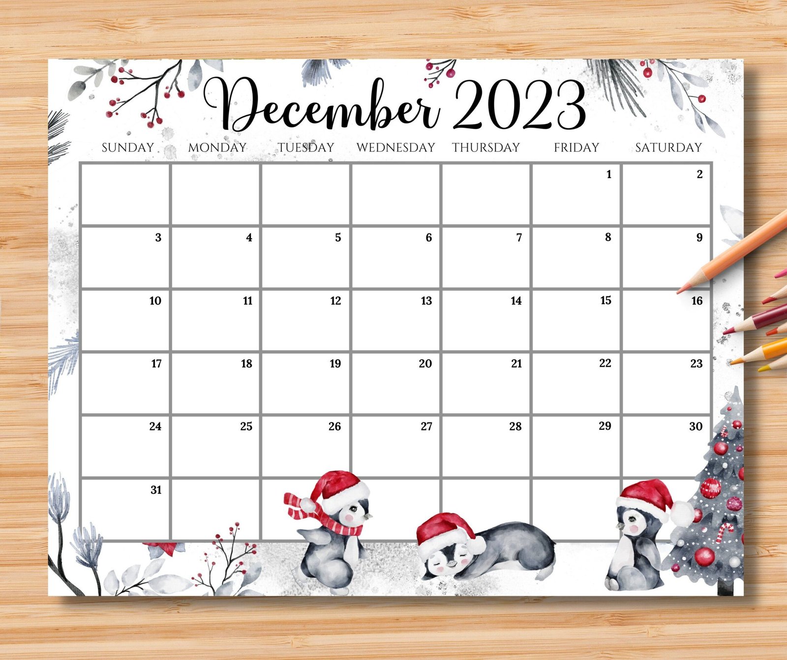 EDITABLE December 2023 Calendar Joyful Winter Christmas W/cute Penguins ...
