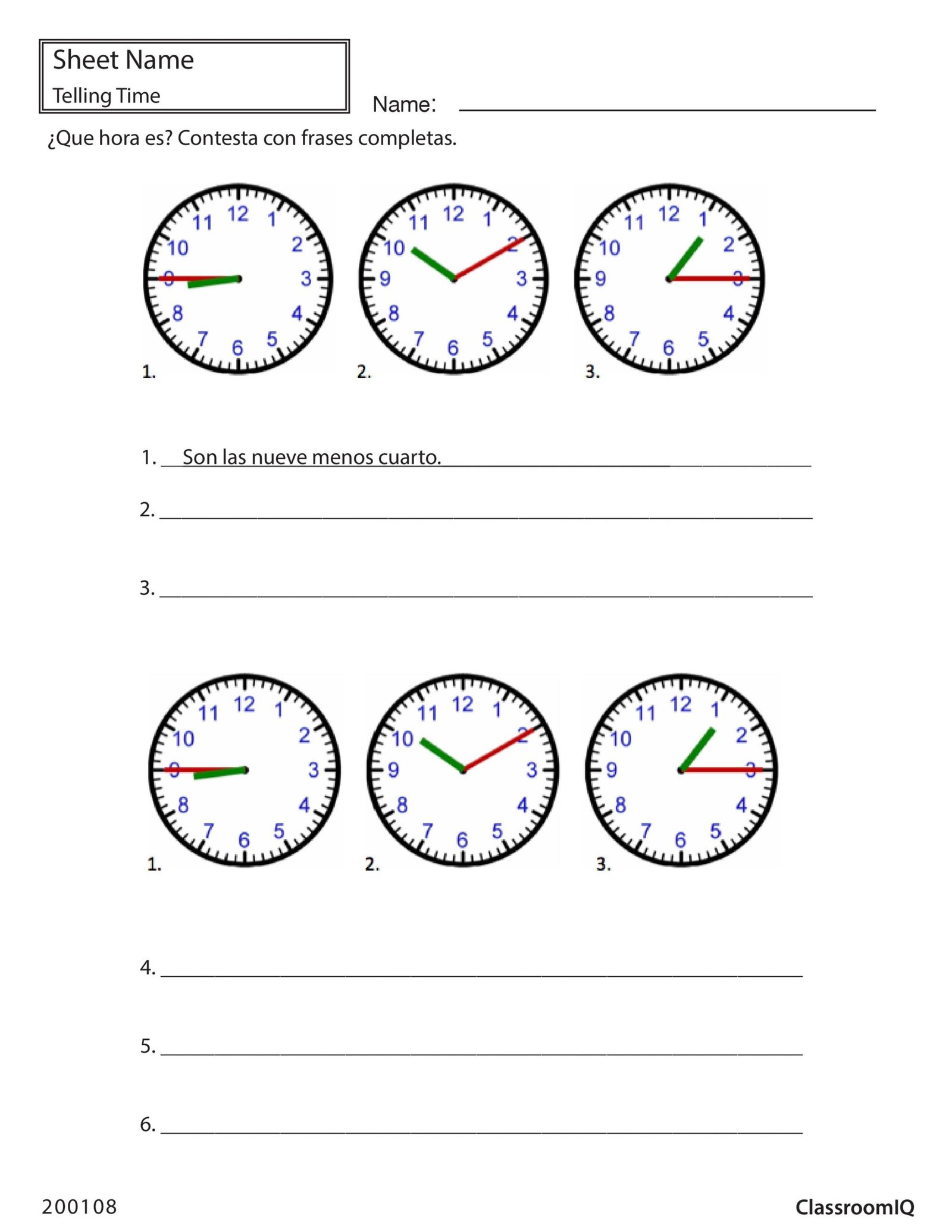 Telling Time In Spanish Worksheets Free