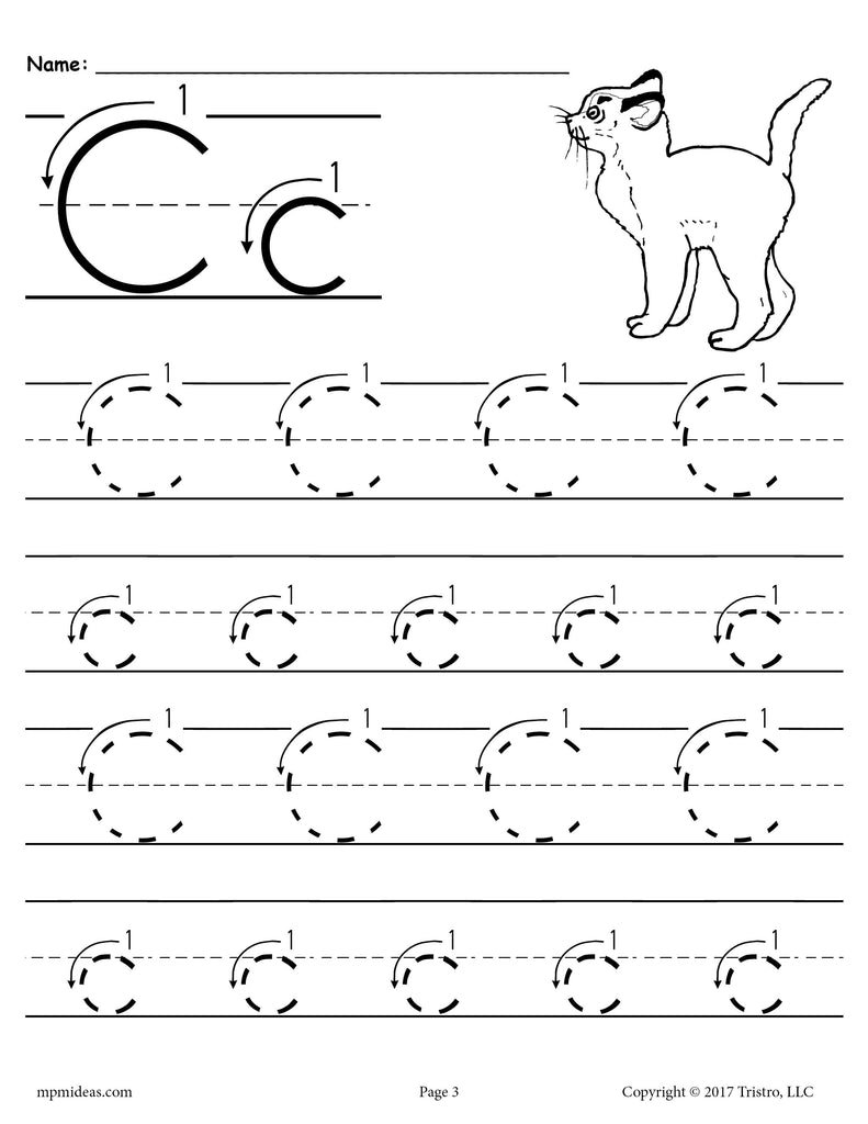 Printable Letter C Tracing Worksheet With Number and Arrow Guides ...