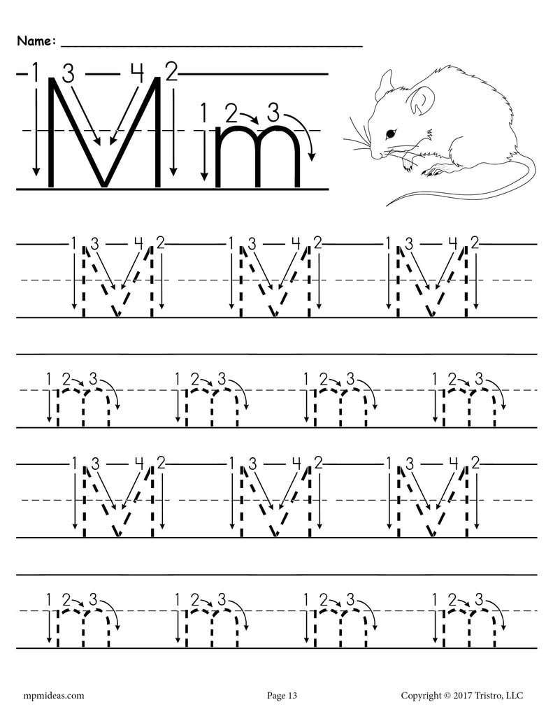 Printable Letter M Tracing Worksheet With Number and Arrow Guides ...