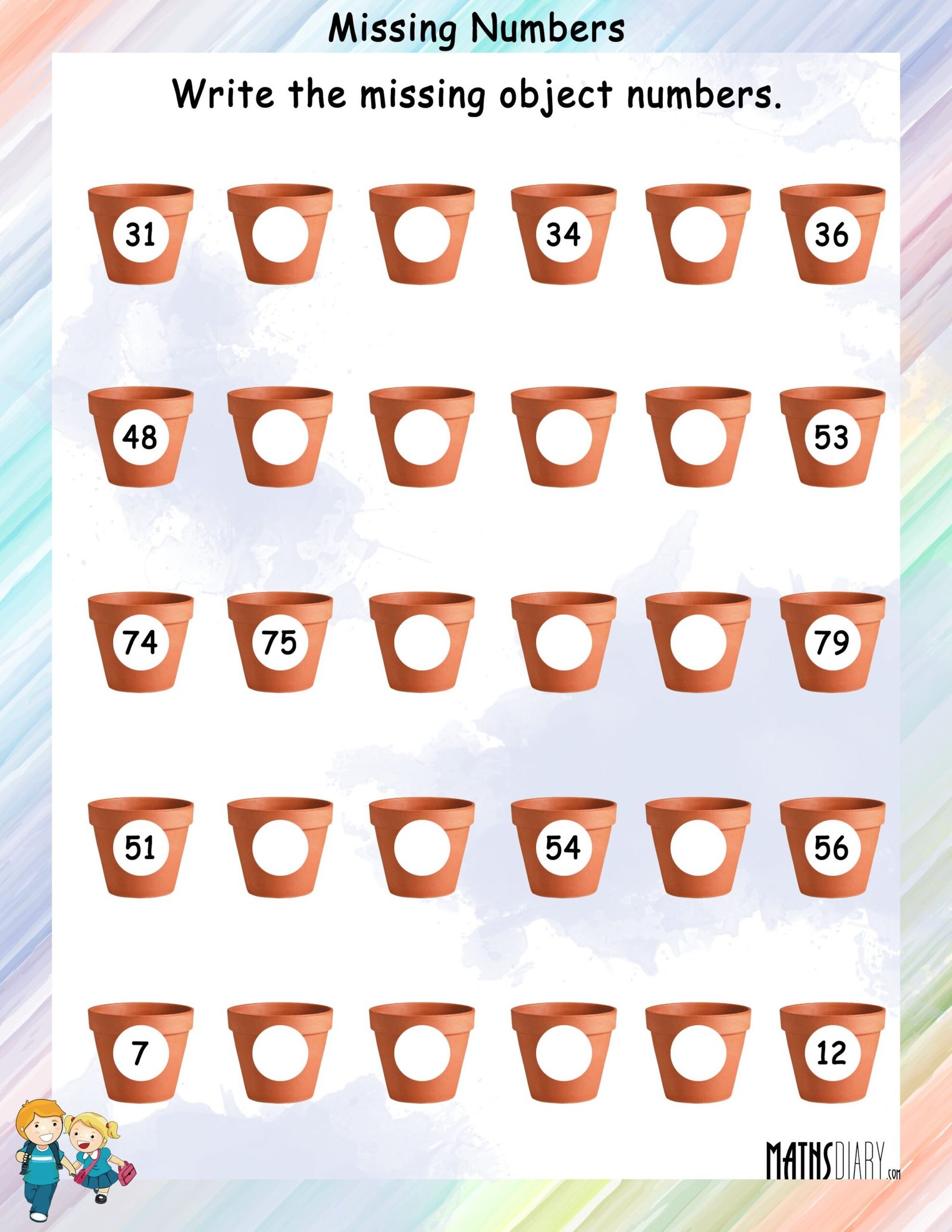 Find the missing numbers - Math Worksheets - MathsDiary.com