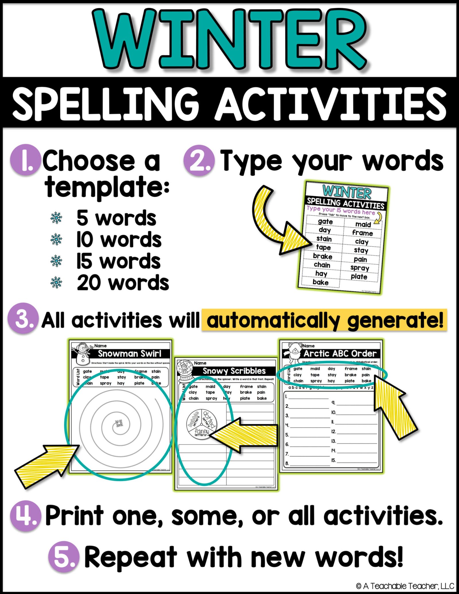 Winter Spelling Activities - EDITABLE - A Teachable Teacher