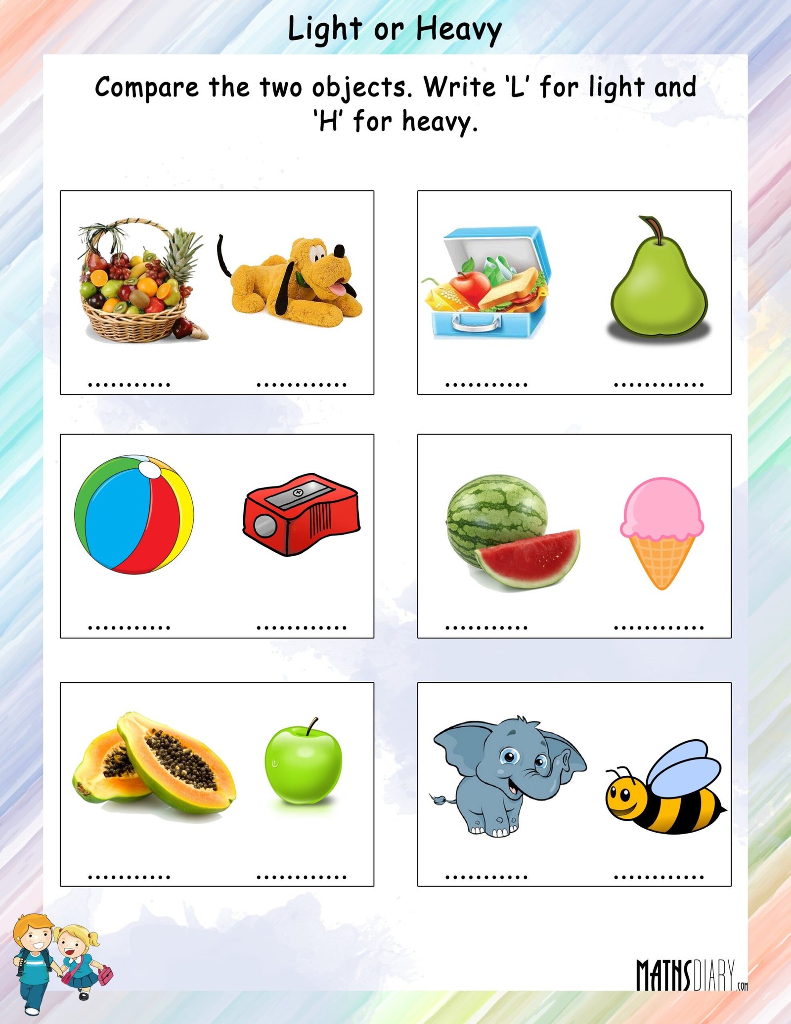 Comparison between Light and Heavy - Math Worksheets - MathsDiary.com