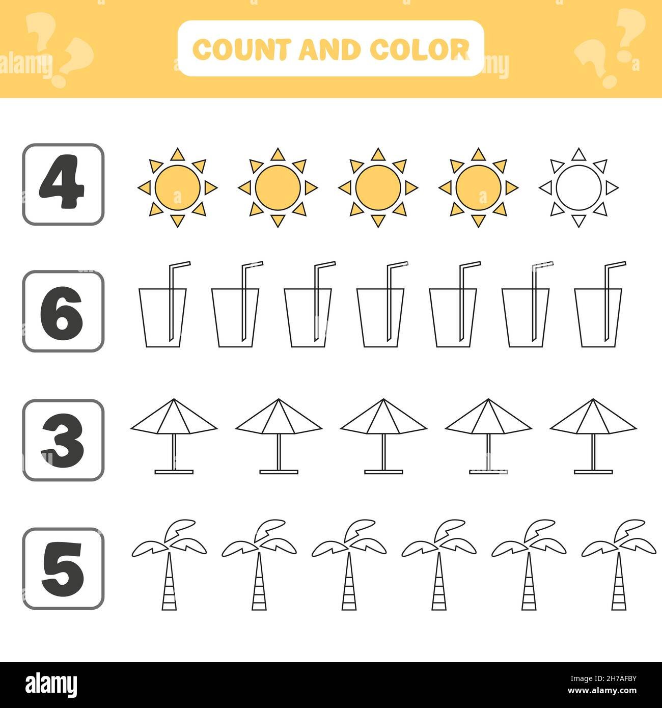 Count and color game for preschool children - summer items. Worksheet ...