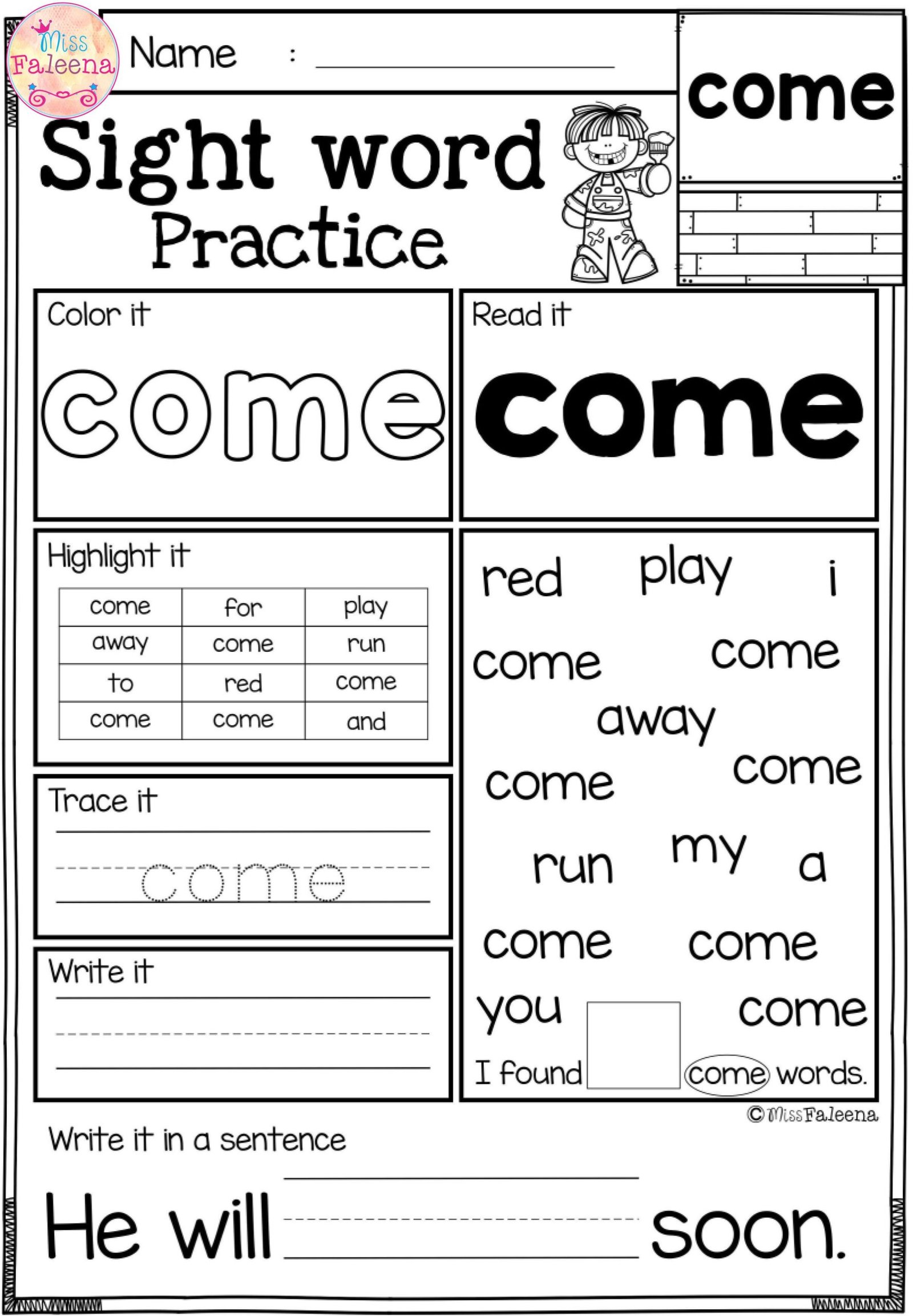 Sight Word Come Worksheets