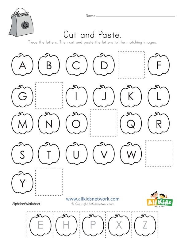 Halloween Cut And Paste Missing Letters Worksheet | Worksheets Samples