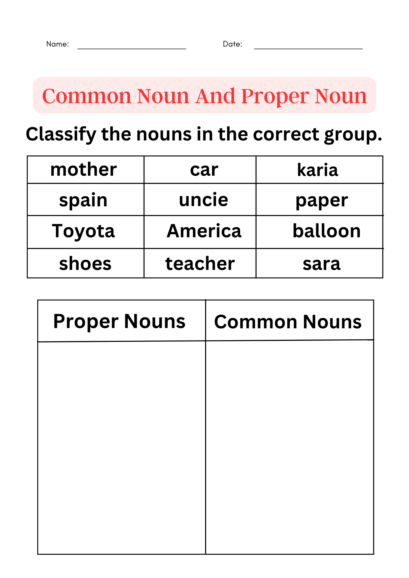 Nouns, Common Nouns And Proper Nouns Worksheets For Grade 1, 2, 3
