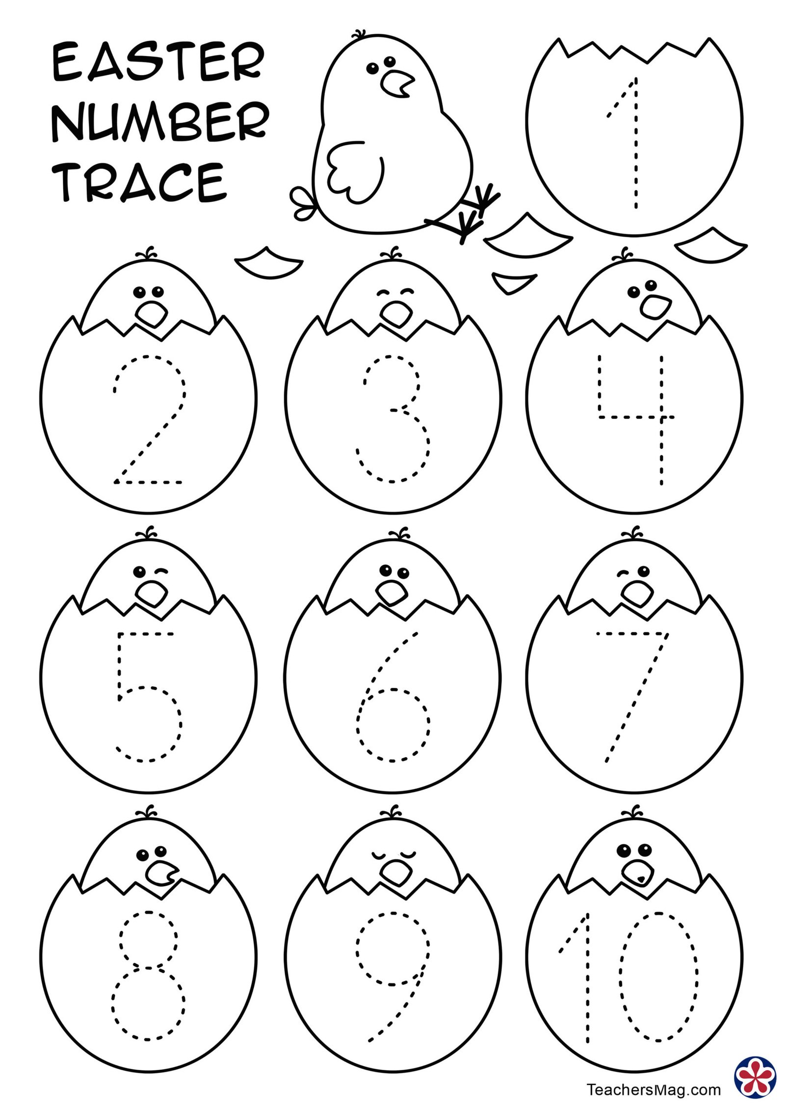 Number Tracing Easter Worksheet (1-10). TeachersMag.com