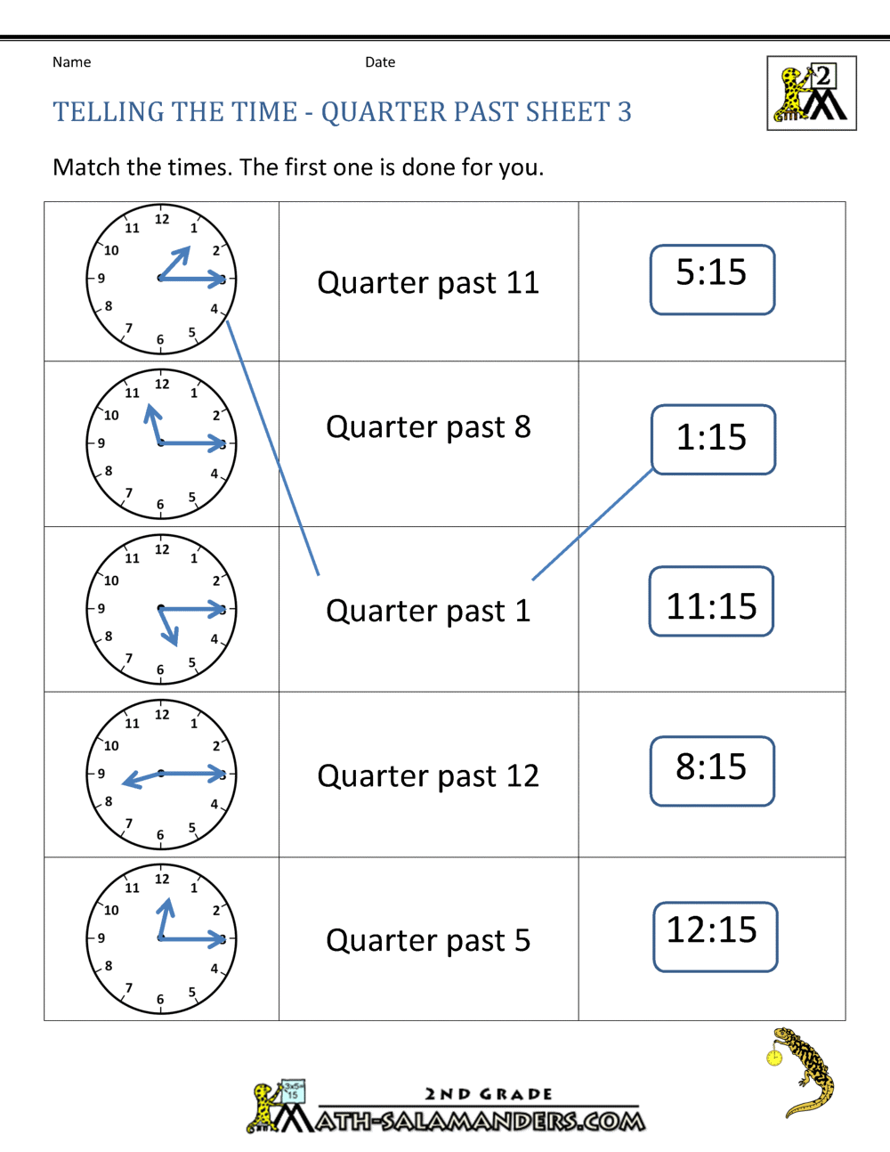 Telling Time, Quarter Past The Hour Worksheets For 2nd Graders