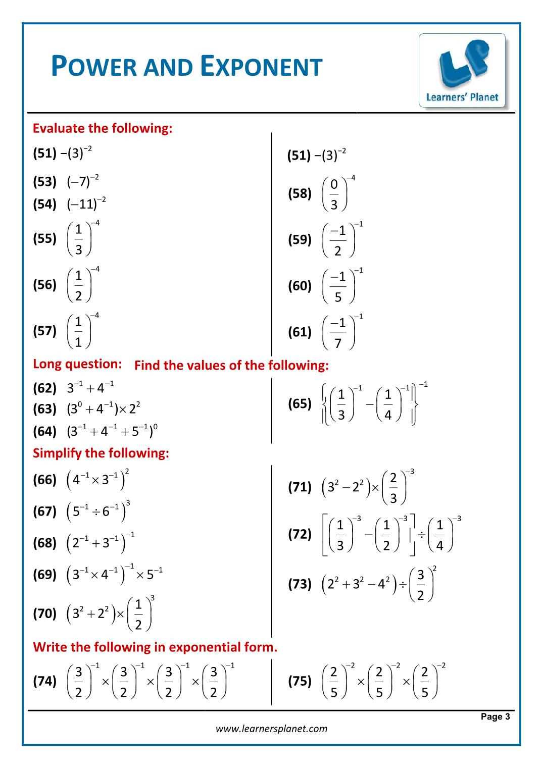exponents and powers class 8 cbse worksheets with answers