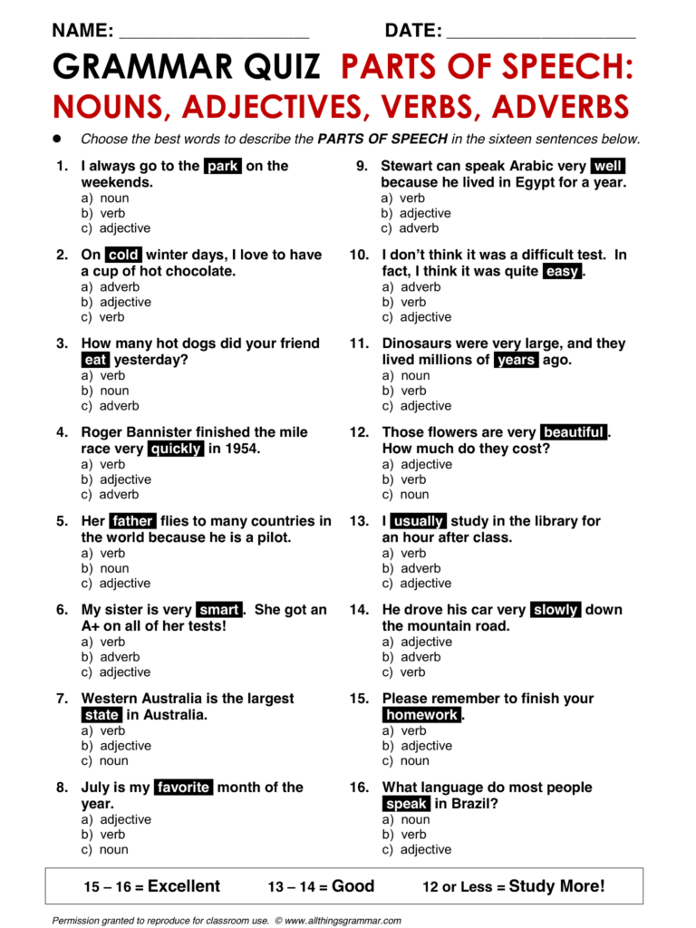 Mixed Parts Of Speech Worksheets With Answer Key - Worksheets Day
