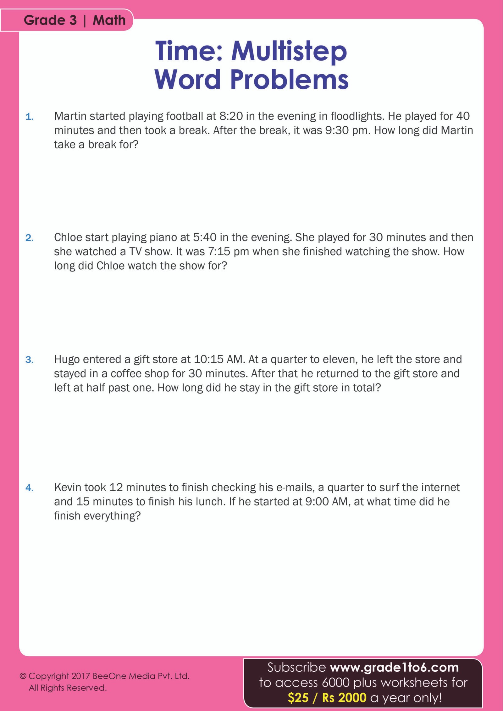 Word Problems on Time Worksheet | Grade1to6.com