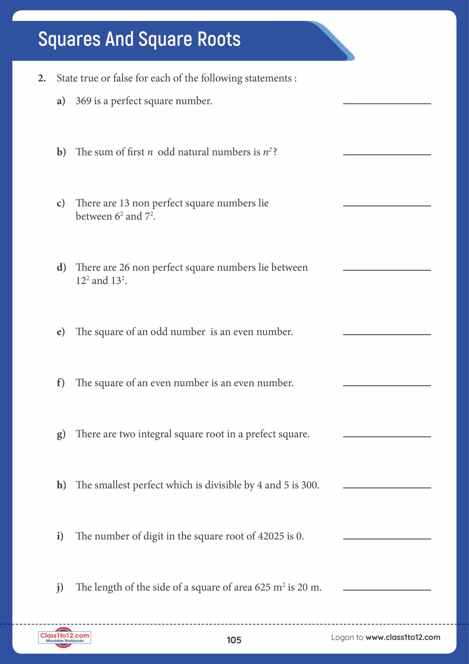 Class 8 Squares and Square Roots Chapter 6 worksheet Class 8 Squares and Square Roots Chapter 6 worksheet