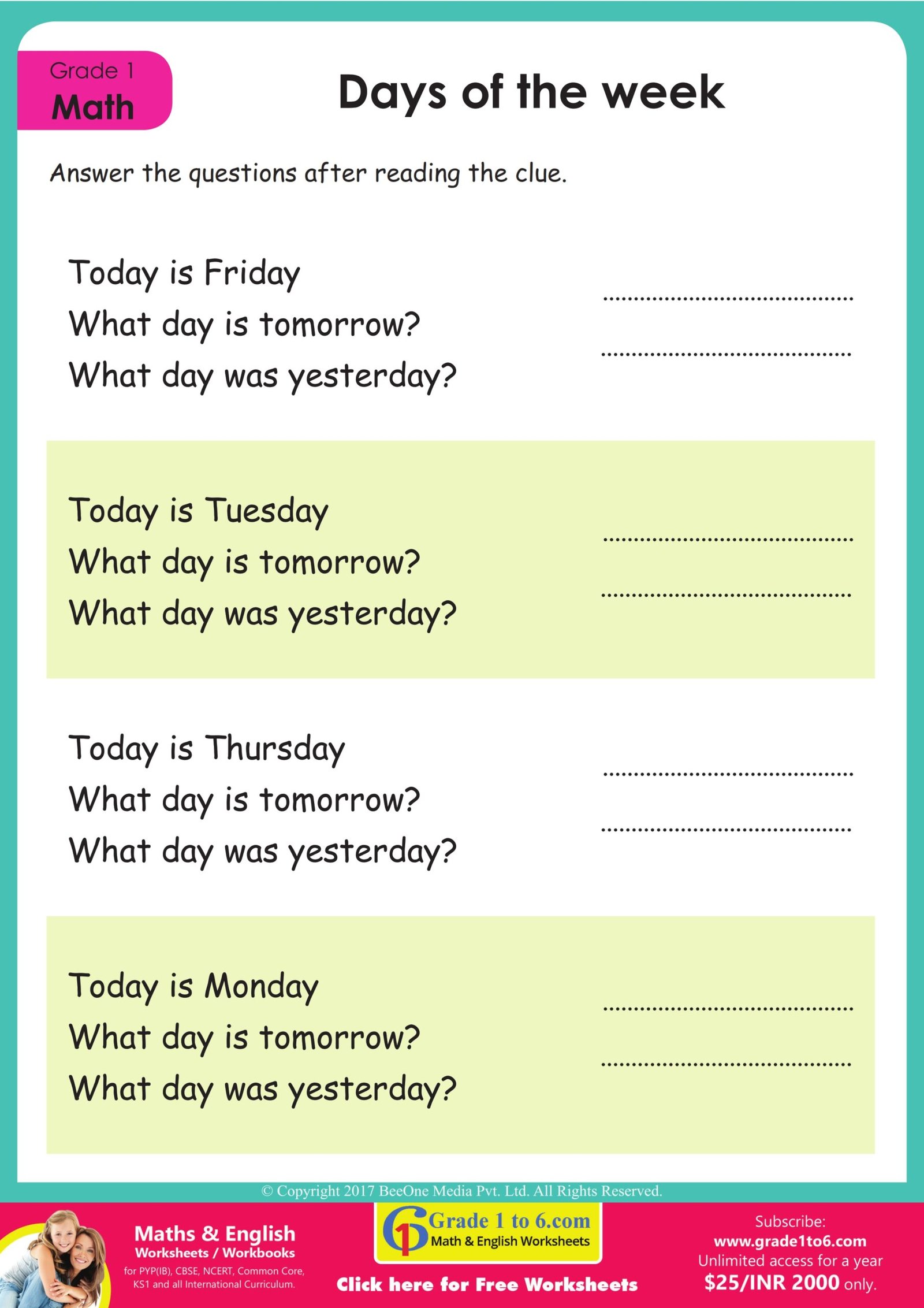 Days of the Week Worksheet | Grade1to6.com