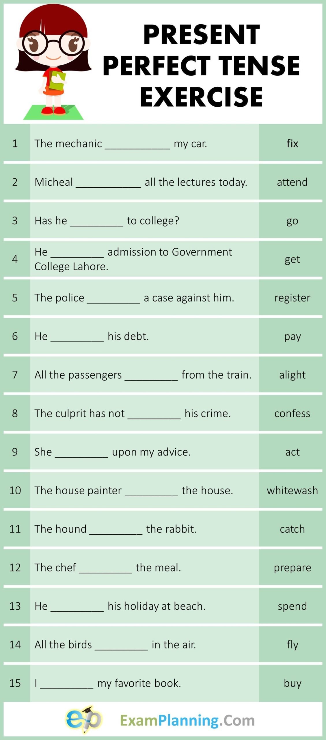 Present Perfect Tense Exercises | Tenses exercises, Present perfect ...