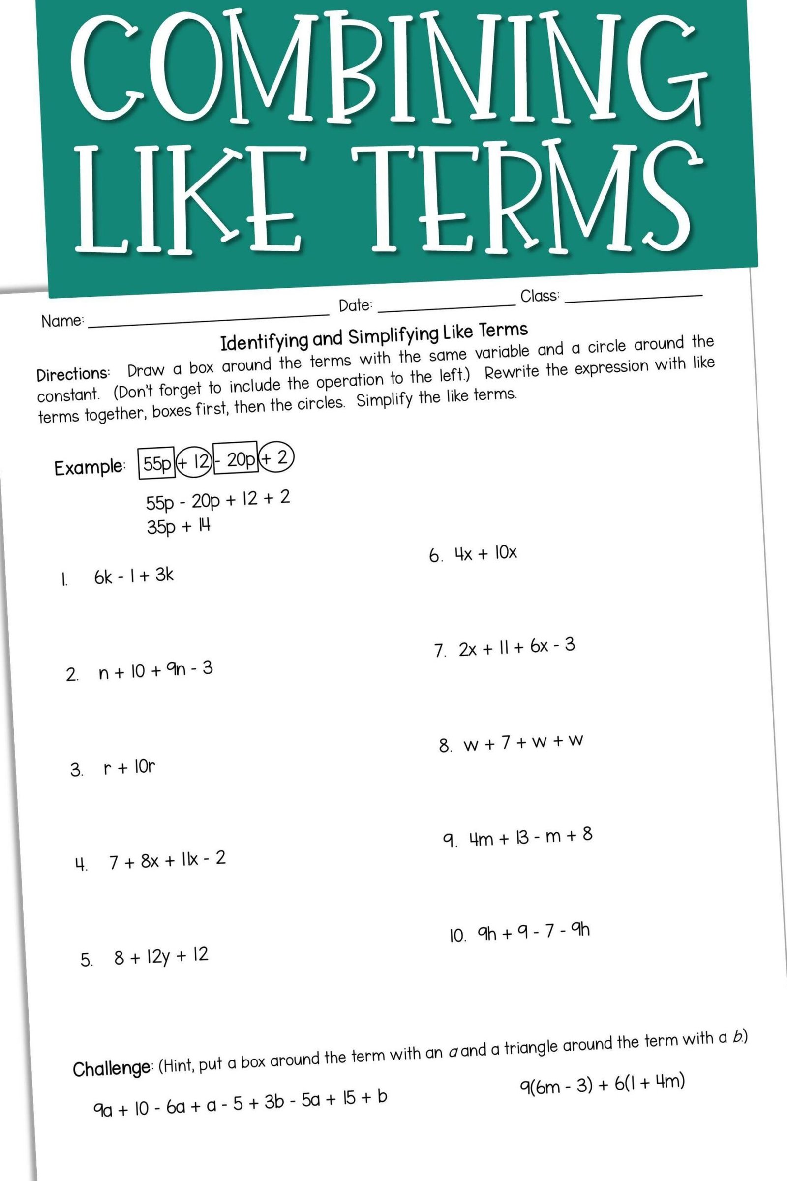 Simplifying And Combining Like Terms Worksheet