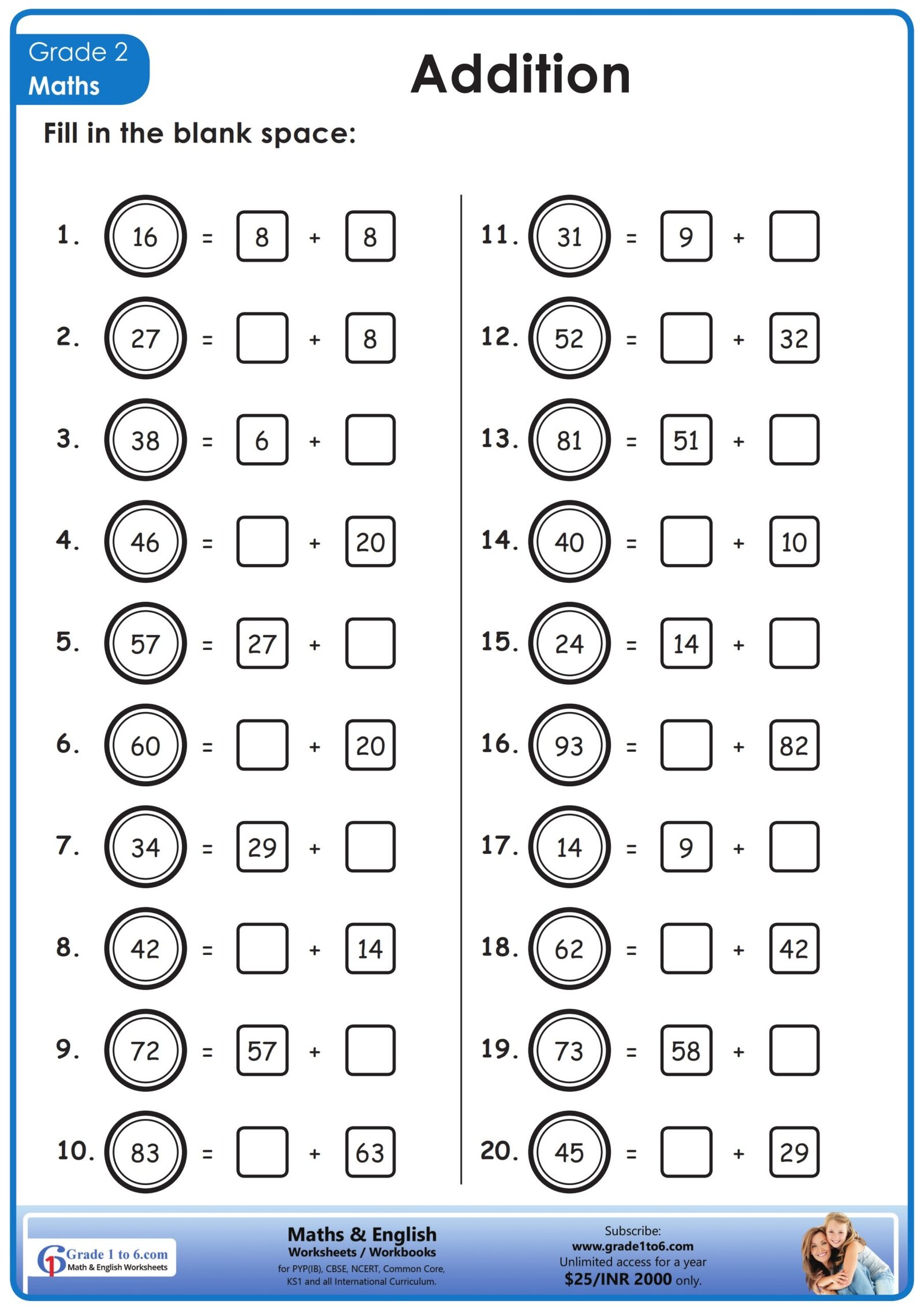 Maths Worksheet for Class 2 | Grade1to6.com