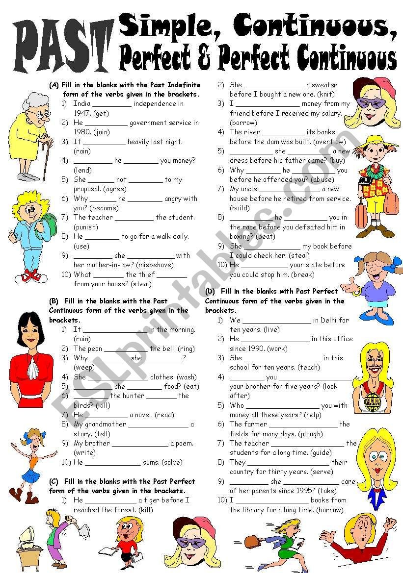 Exercises on Past Simple, Continuous, Perfect & Perfect Continuous ...