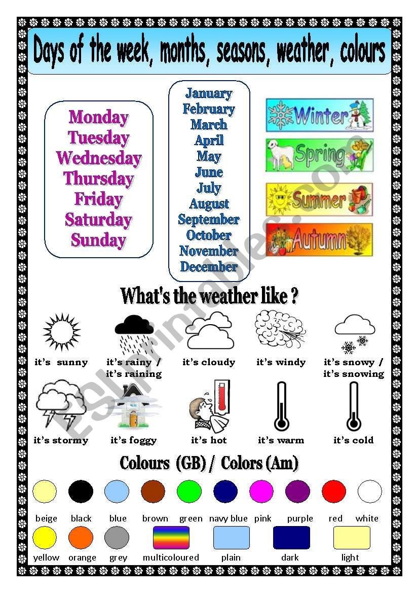 Days of the week, months, seasons, weather, colors - ESL worksheet by ...