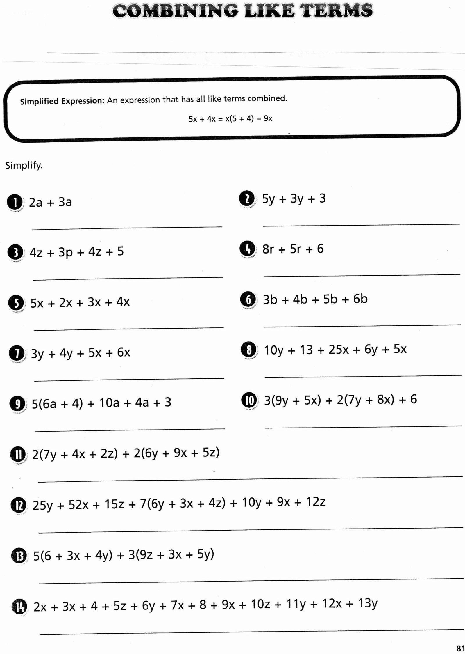 Combining Like Terms Algebra 1 Worksheet