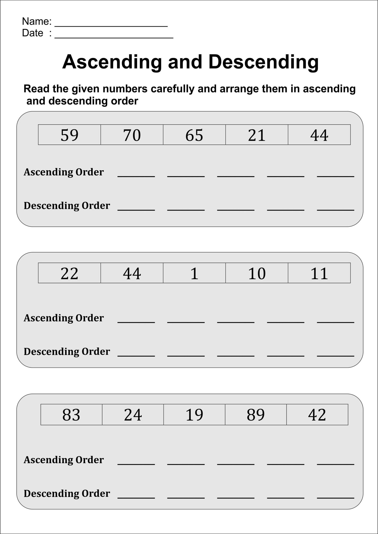Maths Worksheets For Class 1 Ascending And Descending Order
