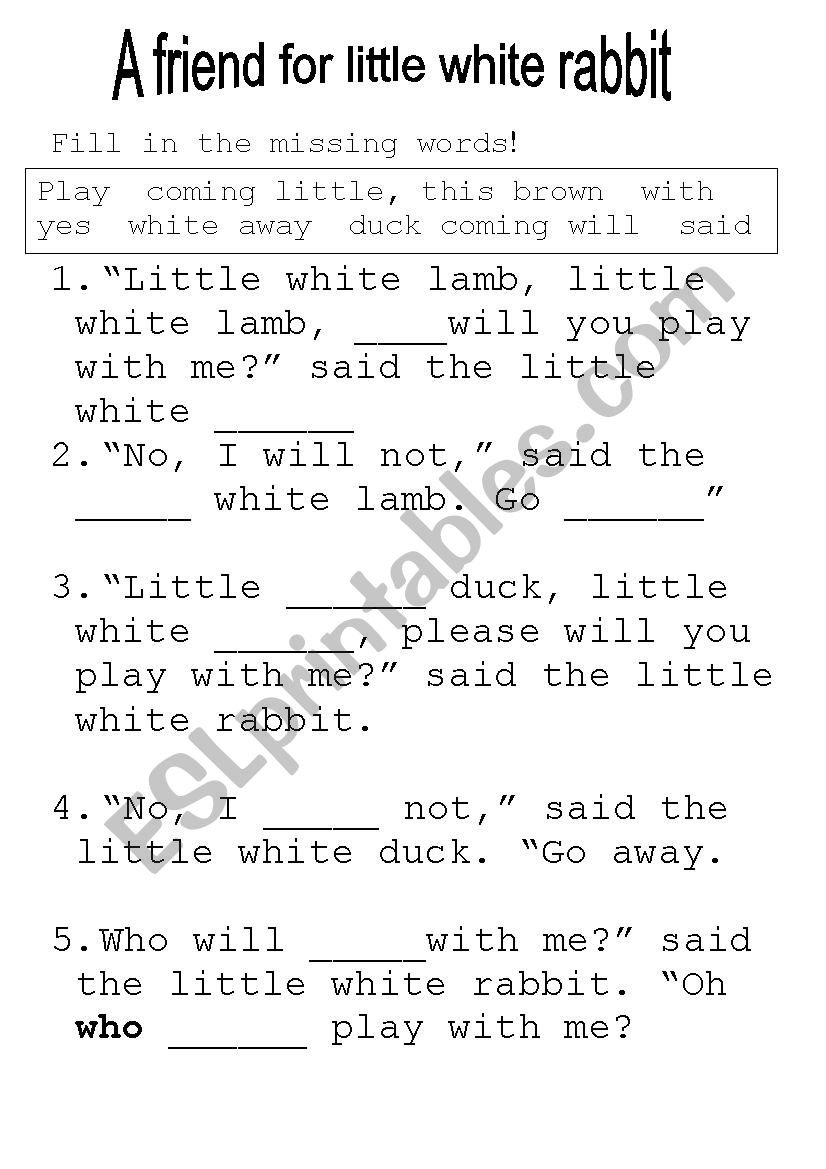 a freind for little white rabbit. PM reader worksheet level 7 - ESL ... a freind for little white rabbit. PM reader worksheet level 7 - ESL ...
