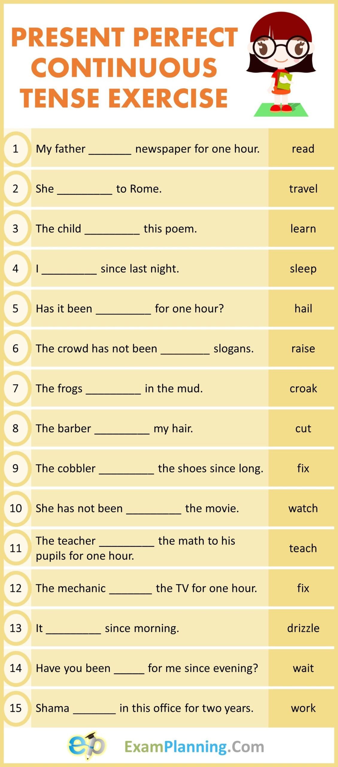 Present Perfect Continuous Tense Exercises | Tenses exercises, English ...