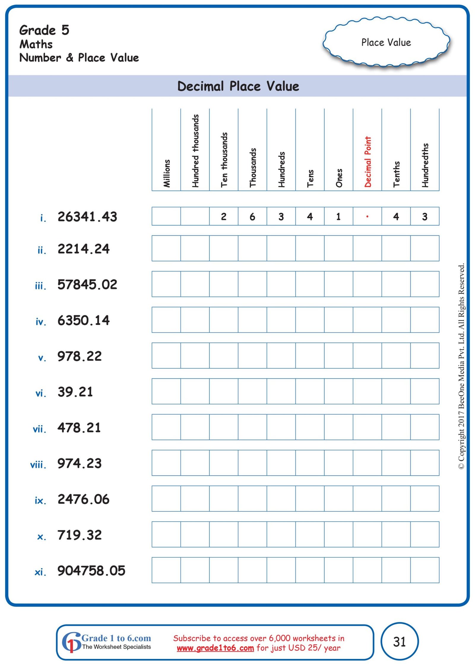 Place Value With Decimals Worksheets 5th Grade ~ Math Worksheets Grade 3