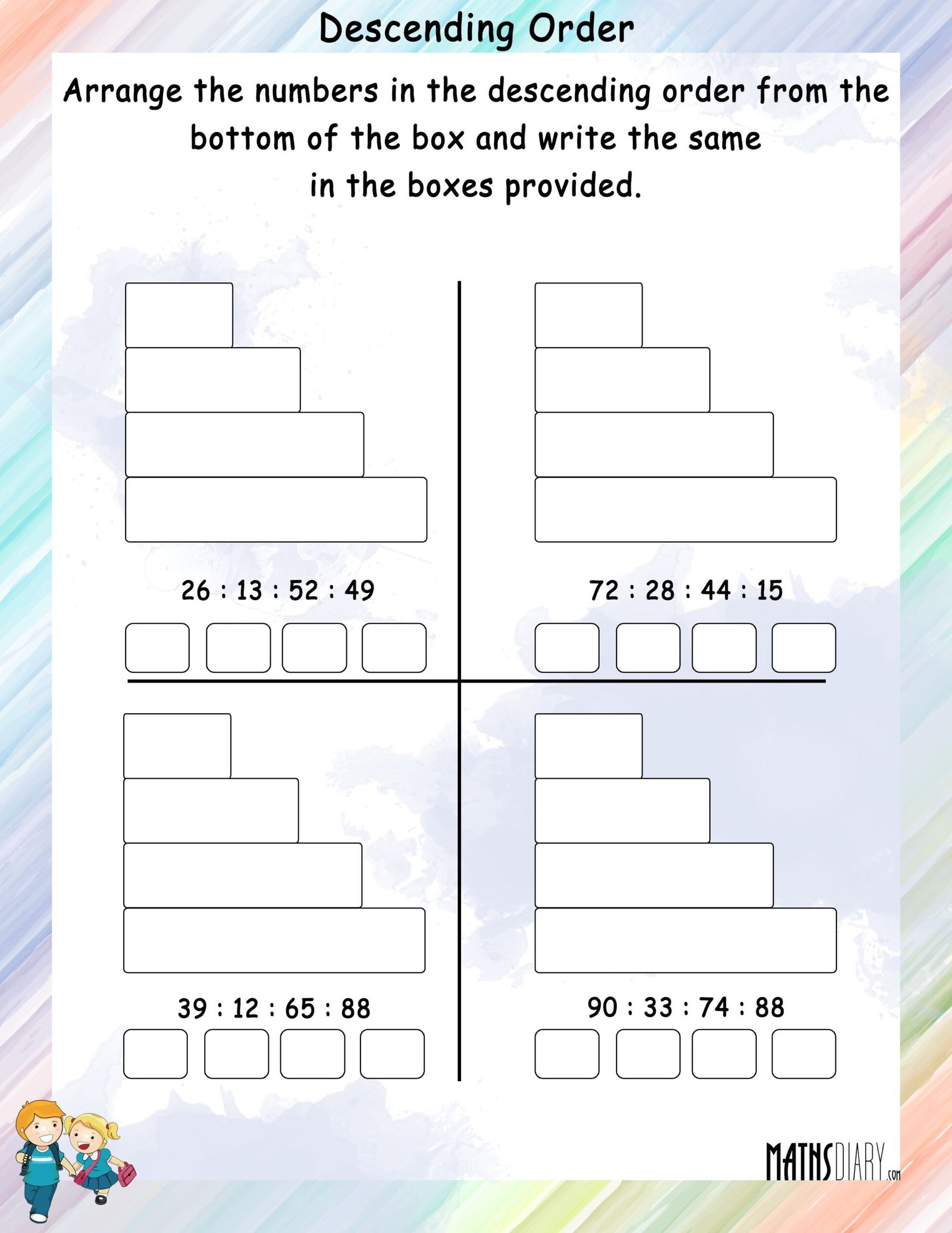 Descending order - Math Worksheets - MathsDiary.com