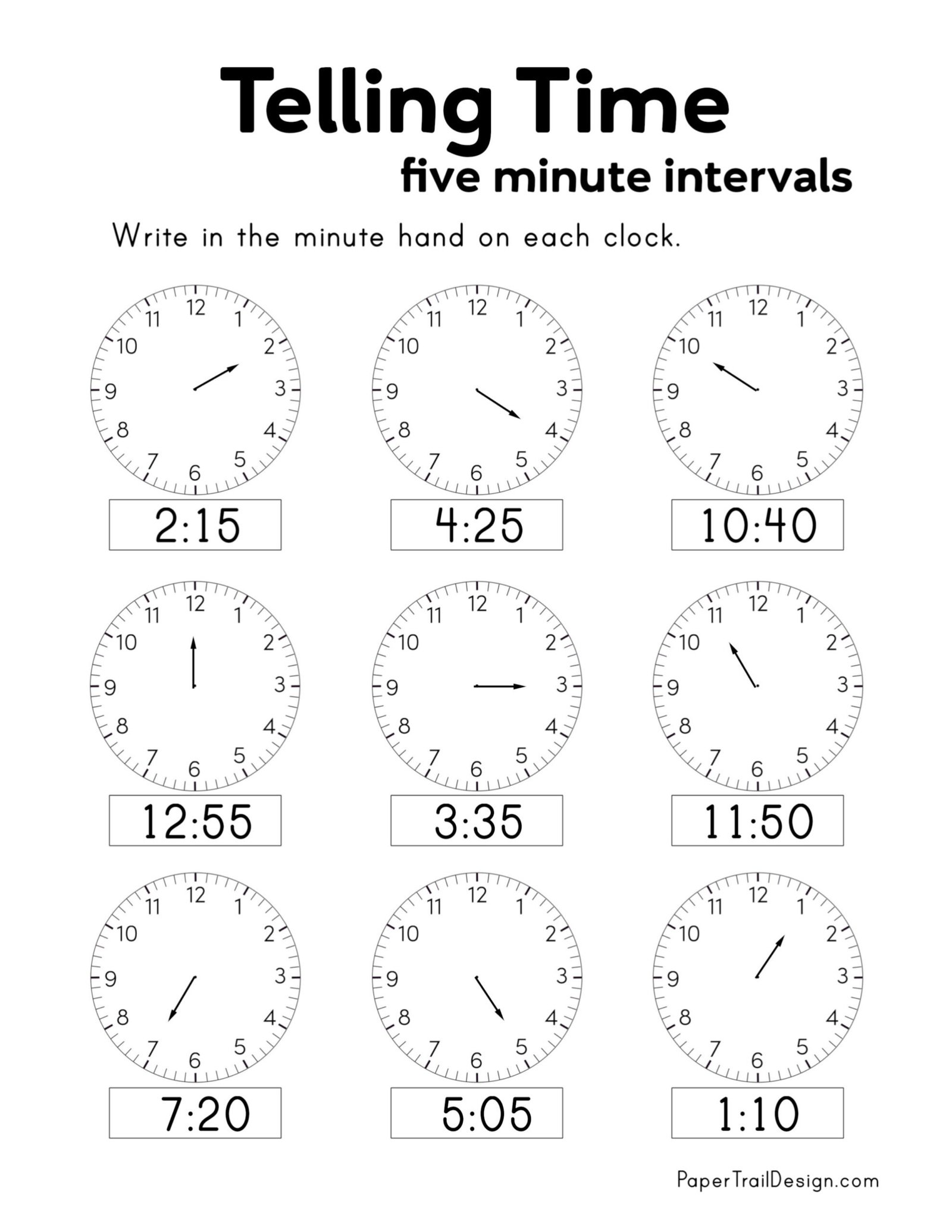 Telling Time By The Minute Worksheets