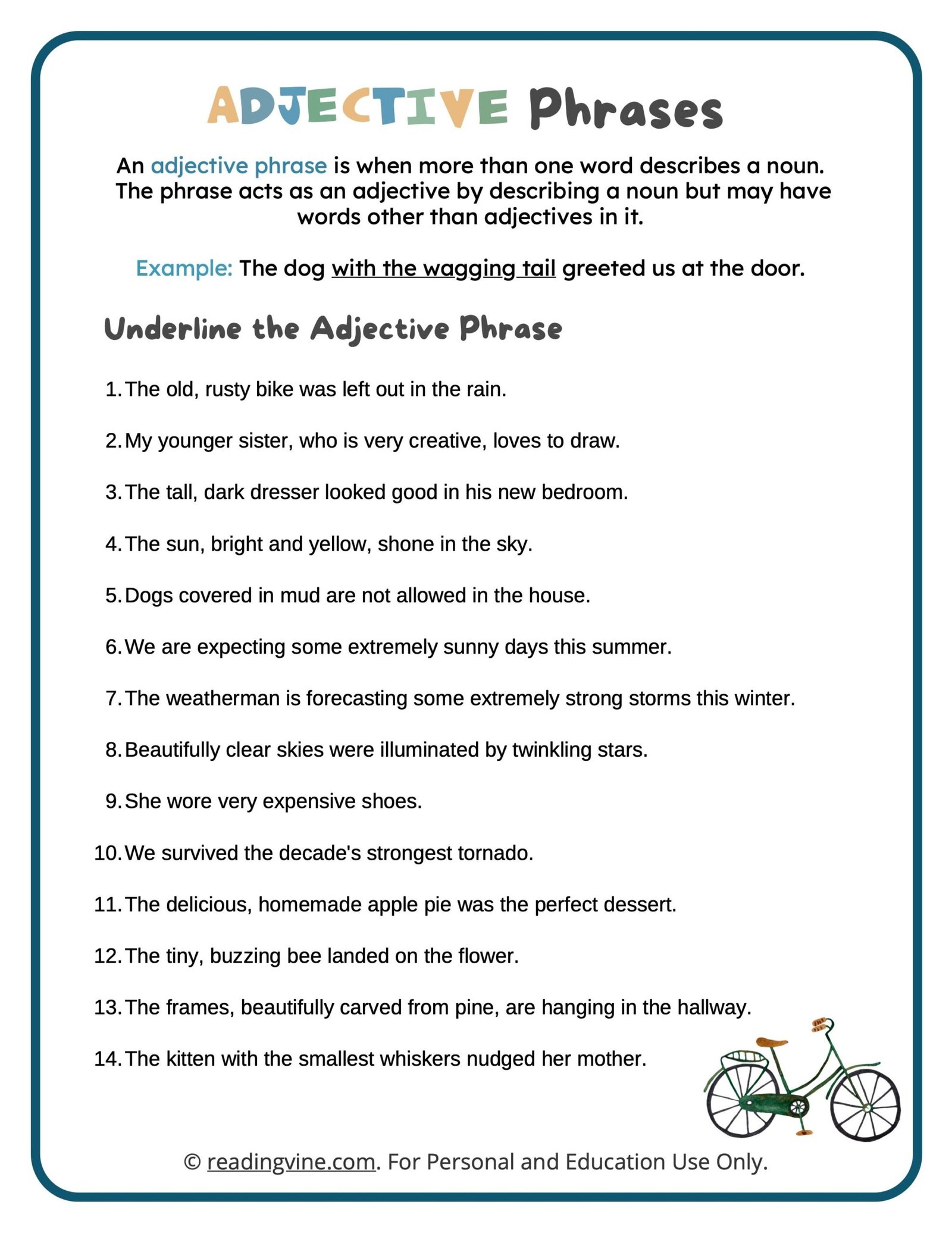 Underline the Adjective Phrase Worksheet-image - ReadingVine