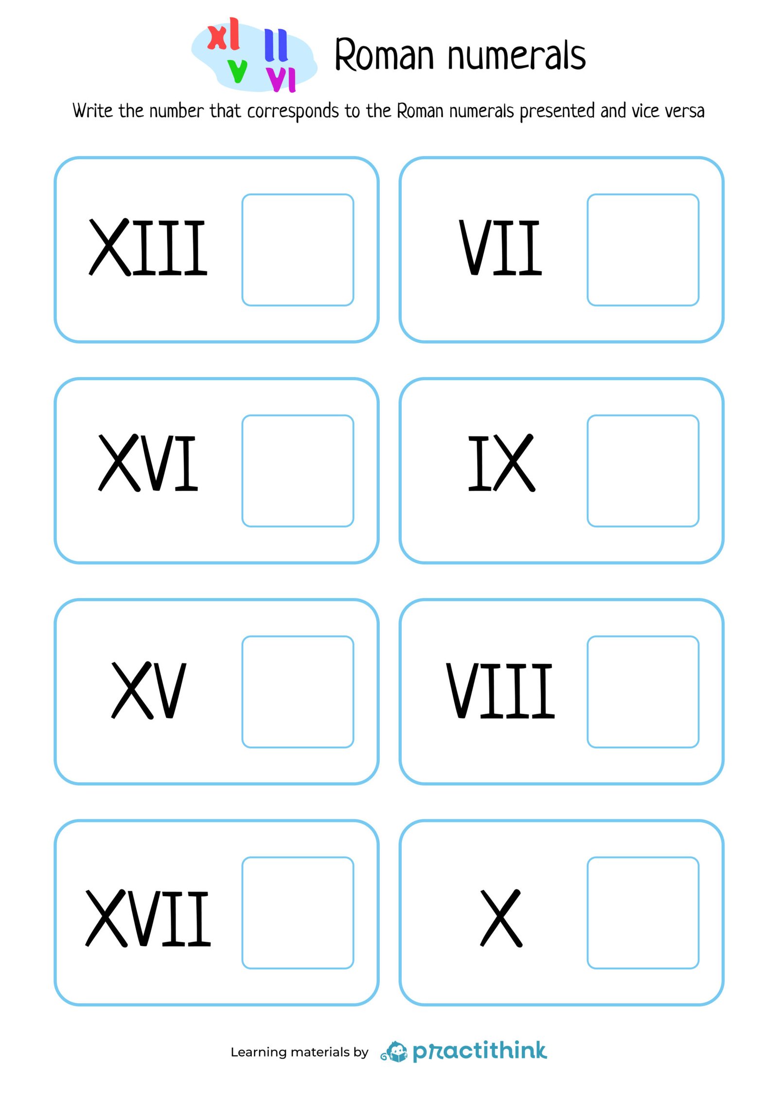 Worksheet Read and write Roman numerals up to 20