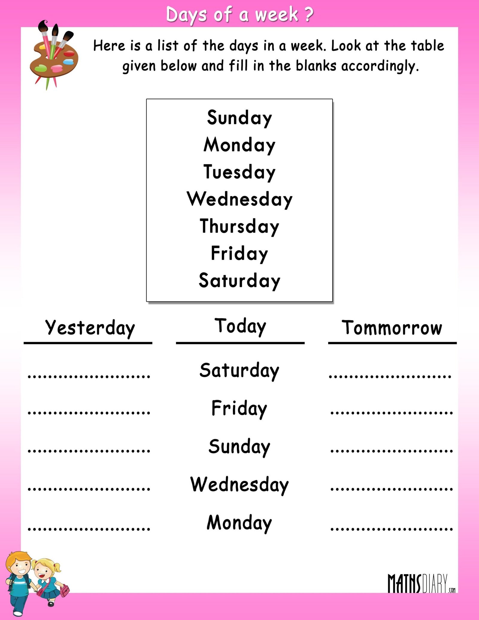 days of the week 1 worksheet free printable worksheets - time ukg math ...
