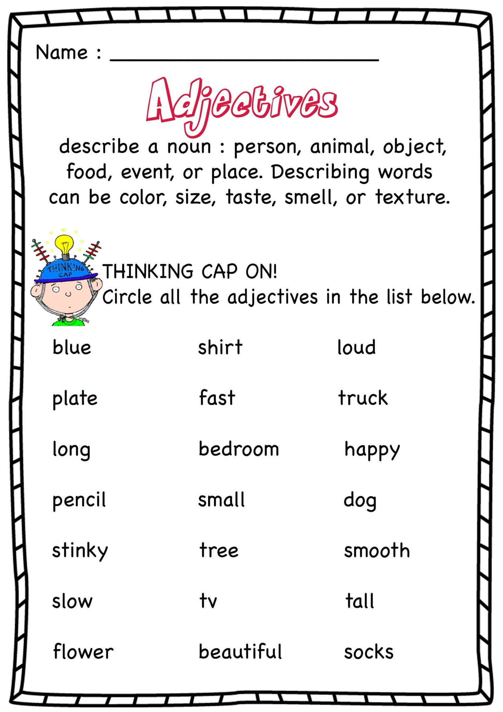 Identifying Adjectives Worksheet