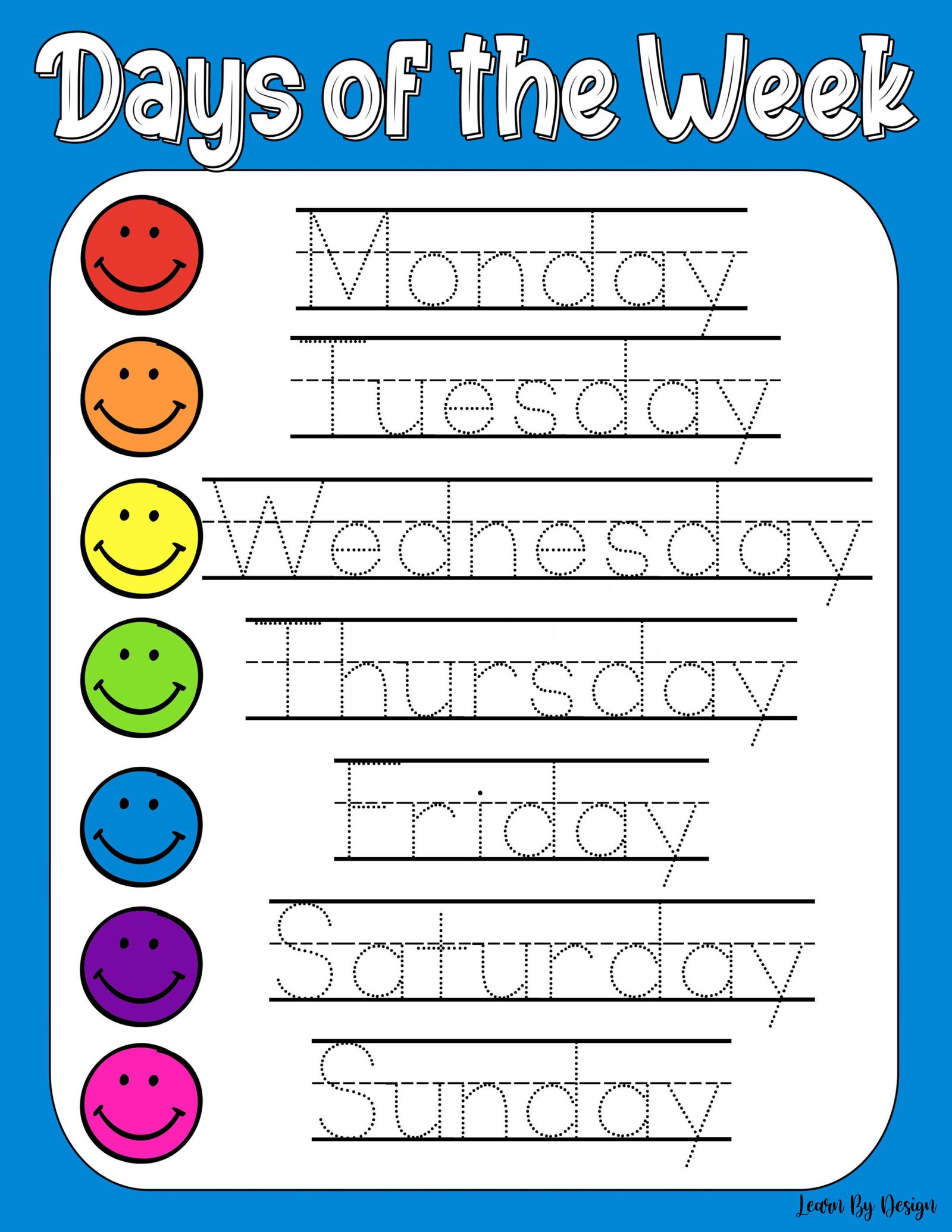 Days Of The Week Tracing Worksheets