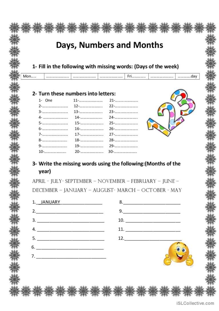 Days, numbers and Months: English ESL worksheets pdf & doc Days, numbers and Months: English ESL worksheets pdf & doc