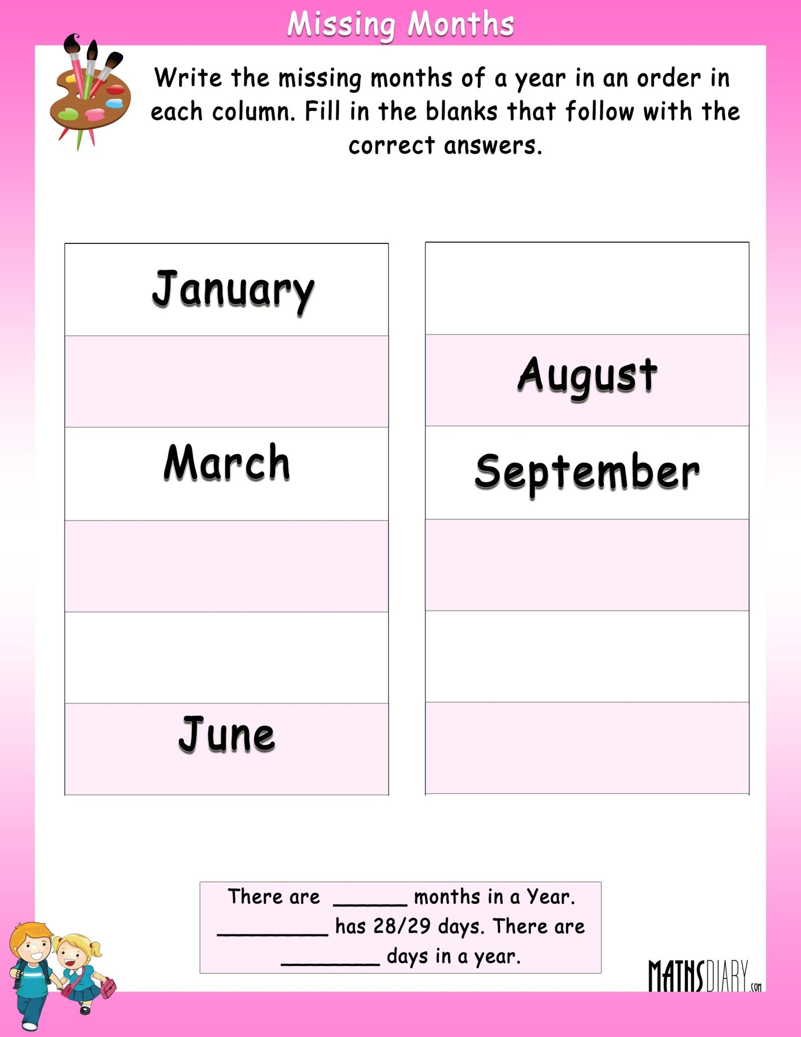 Days in a week, Months in an Year - Math Worksheets - MathsDiary.com Days in a week, Months in an Year - Math Worksheets - MathsDiary.com