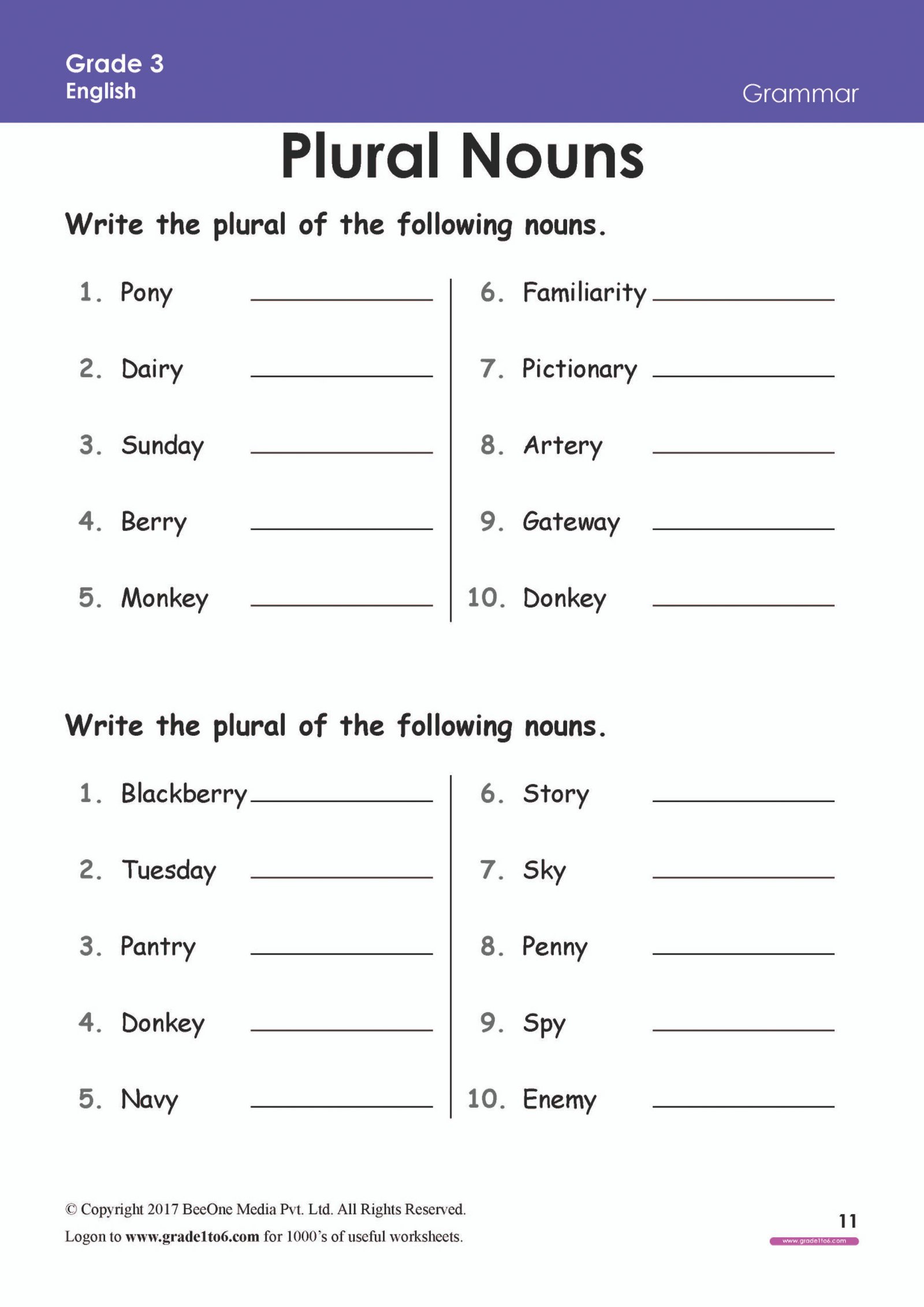 Plural Nouns Worksheet Grade 3|www.grade1to6.com