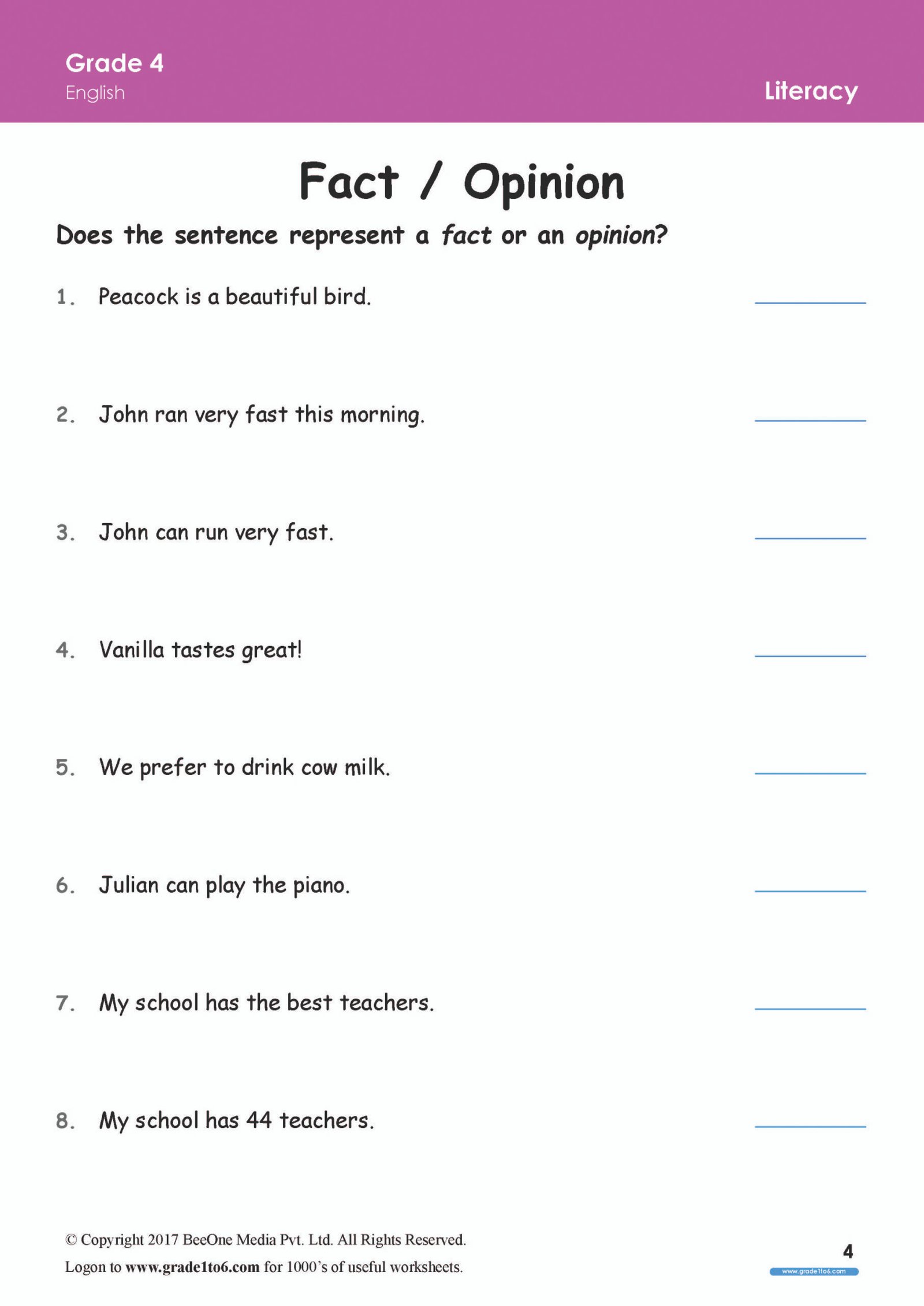 Fact and Opinion worksheets for Grade 4|www.grade1to6.com